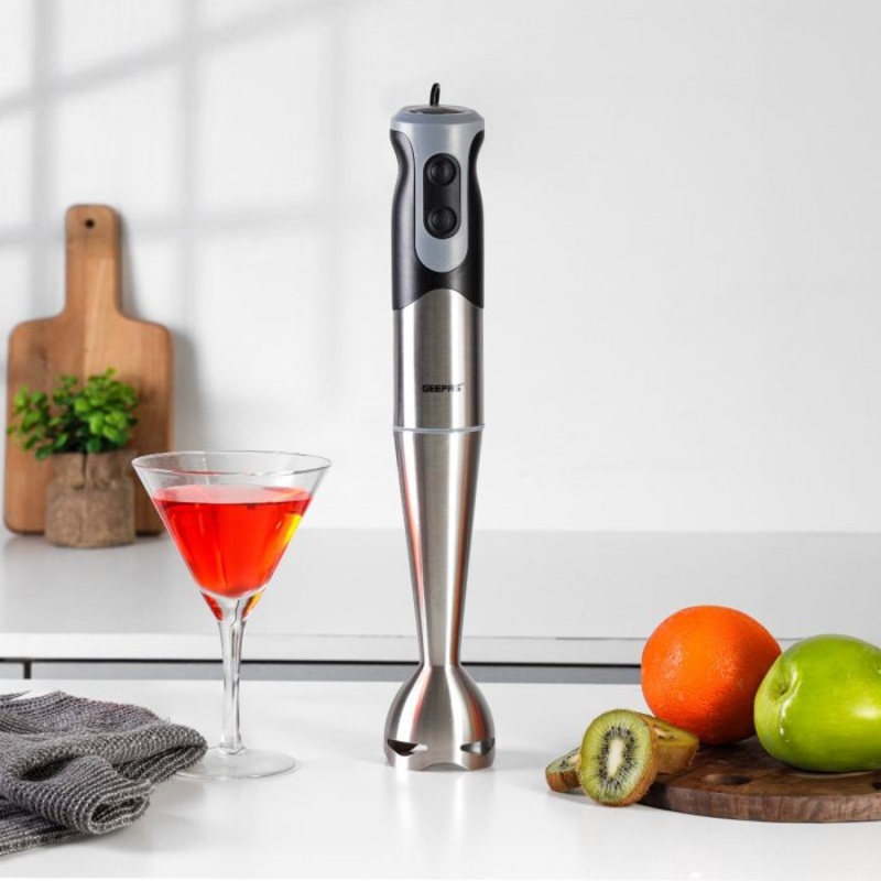 Geepas GHB5468N Stainless Steel Hand Mixer with 800W motor, 2-speed control, detachable stainless steel stick & durable blades. Ideal for efficient and smooth food blending.