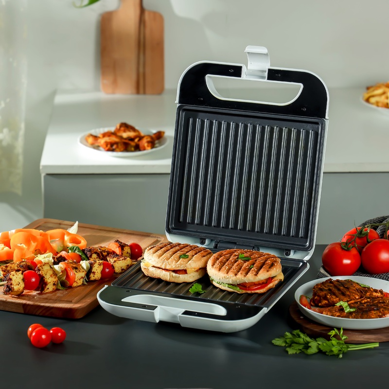 Geepas Grill Maker- GGT36548| Non-Stick Cooking Plates with Overheat Protection, Perfect for Grilling Vegetables, Chicken, Meat, etc| 4 Slice Capacity, 1400 W| White