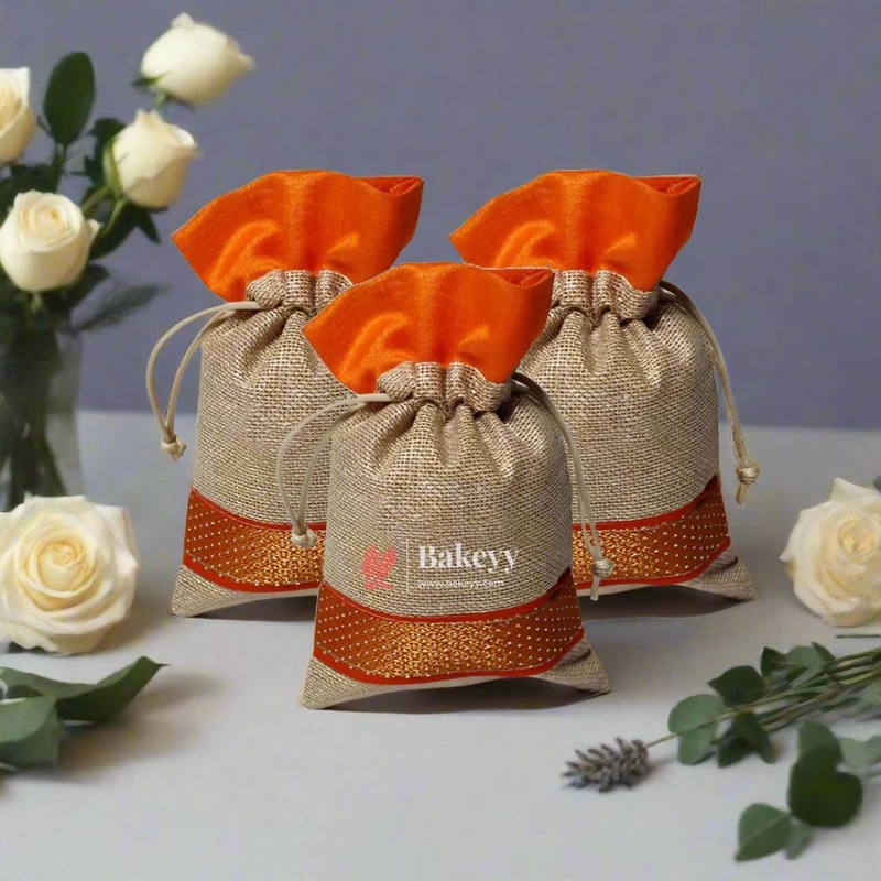 10x14 CM  4x6 inch| Elegant Jute Orange Drawstring Gift Bag | Drawstring Bags | Pack of 10