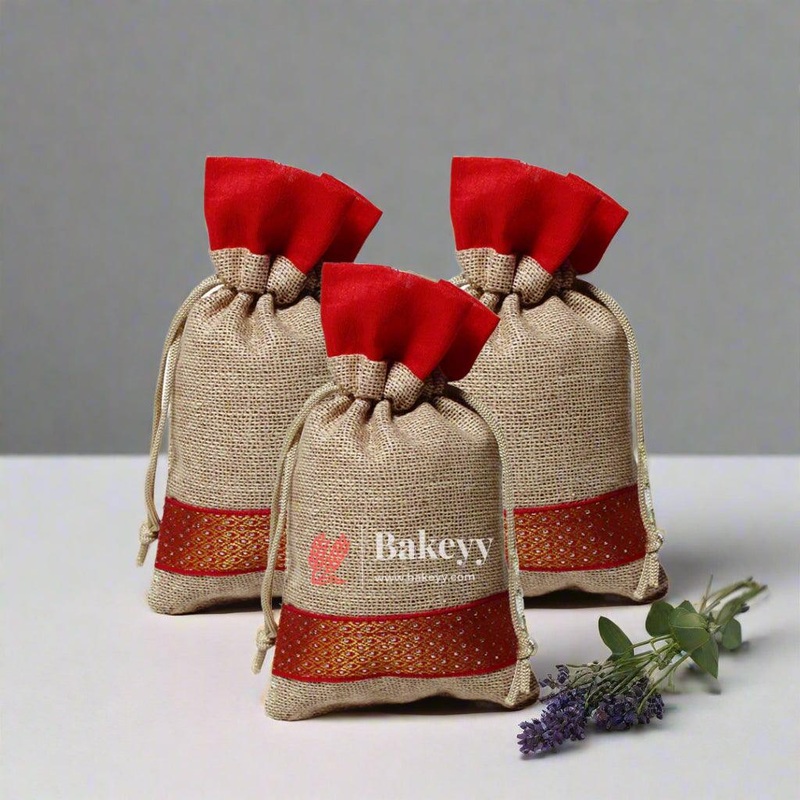 10x14 CM  4x6 inch| Elegant Jute Red Drawstring Gift Bag | Drawstring Bags | Pack of 10