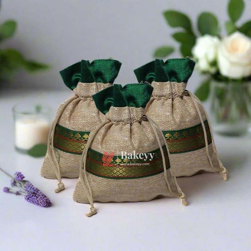 13x14 CM  5x6 inch| Elegant Jute  Green Drawstring Gift Bag | Drawstring Bags | Pack of 10