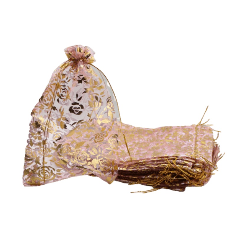 18x24 CM  | Printed Organza Potli Bags | Pack of 40 | Pink Colour | Candy Bag