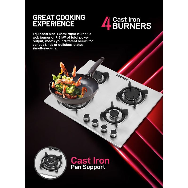 2-in-1 Built-in Gas Hob, Stainless Steel, GGC31026 | Sabaf Burners | Cast Iron Pan Support | Auto-Ignition | Low Gas Consumption | 4 Control Knobs