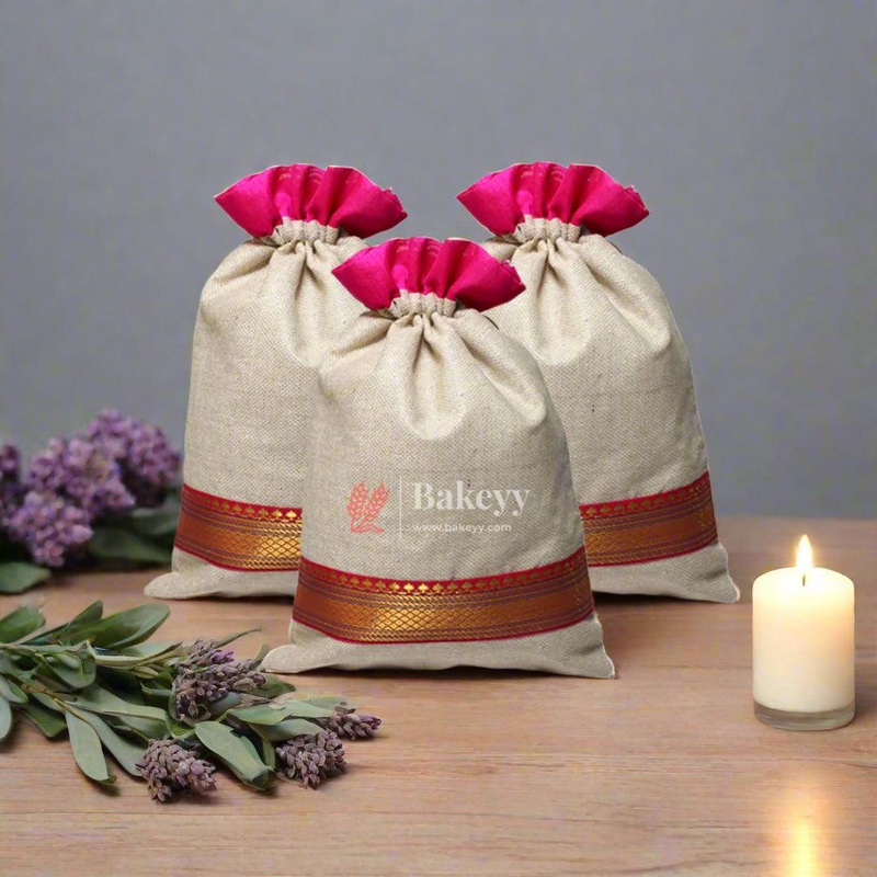 22x31 CM 9x12 inch| Elegant Jute Pink Drawstring Gift Bag | Drawstring Bags | Pack of 10