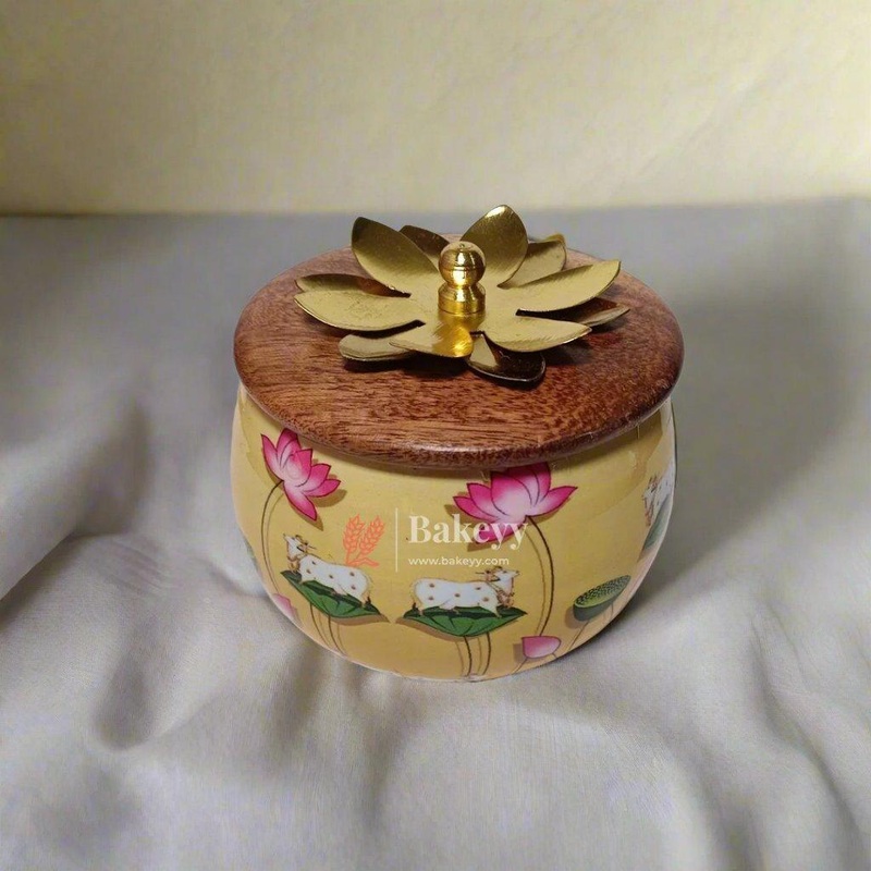 3.5 Inch| Handcrafted Decorative Jar with Flower Wooden Lid| Perfect for Gifting Dry Fruits, Storing Candies| 1 Piece