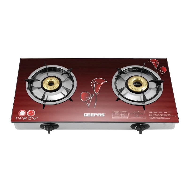 Geepas 2-Burner Gas Hob - Size 70 mm & 90 mm - Attractive Design, 7mm Tempered Glass Worktop - Automatic Ignition, 2 Heating Zones | 2 Years Warranty