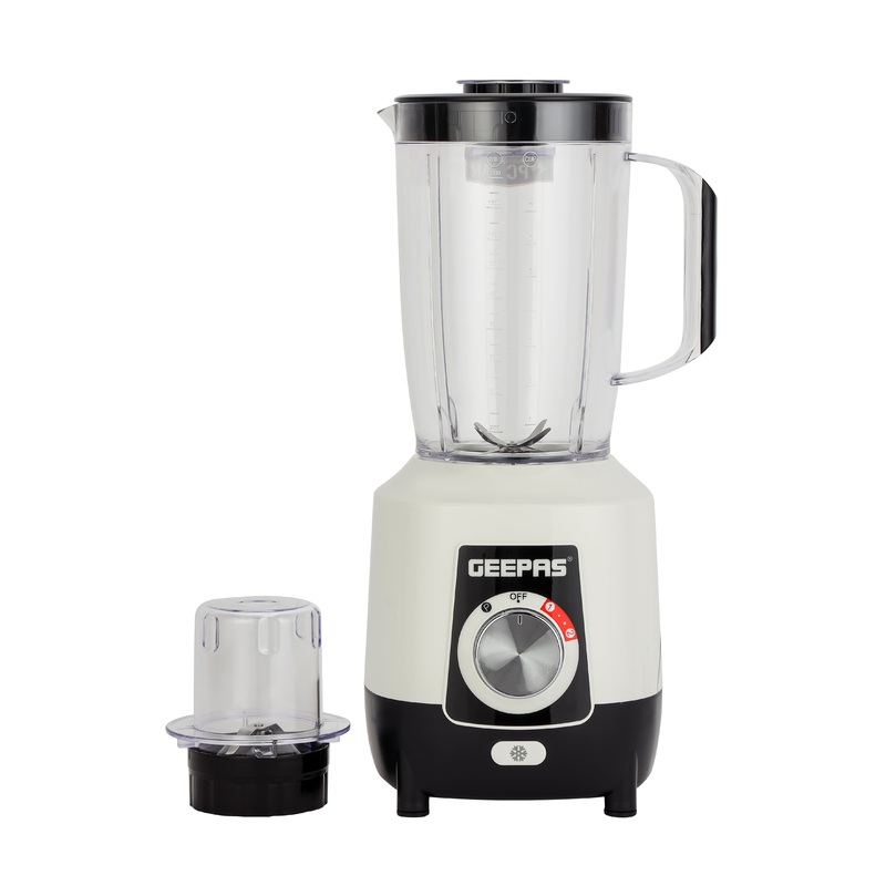 Geepas 2-in-1 Blender- GSB44027T/ 600 W, Powerful Motor with 2 Speed Setting and Pulse/ Transparent Jars with Stainless Steel Blade, Grinder Attachment White and Black