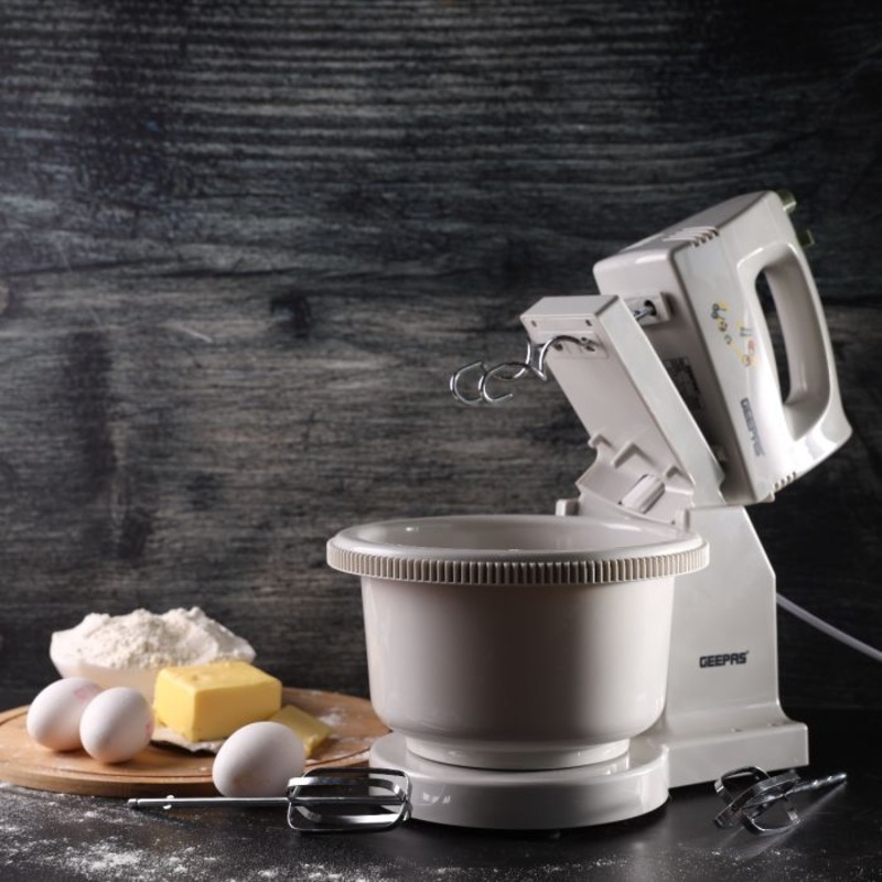 Geepas 200W Stand Mixer with 5 Speed Controls - Detachable Stainless-Steel Finish 2 Beater & 2 Dough Hooks, Bowl with Stand |Ideal for Whipping, Blending & Beating | 2 Years Warranty