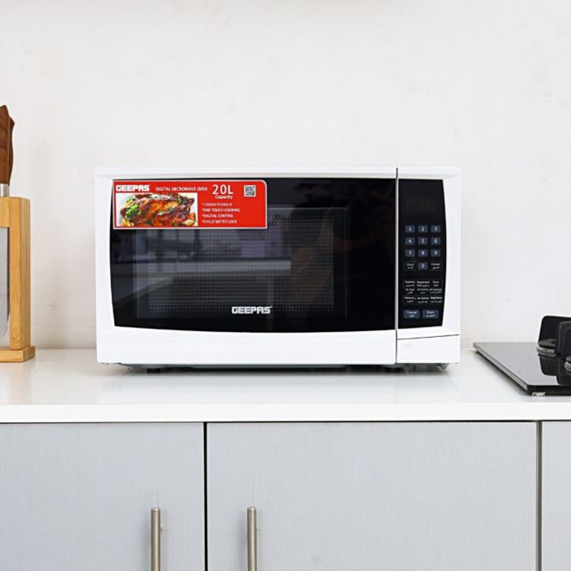 Geepas 20L Digital Microwave Oven - 1200W Microwave Oven with Multiple Cooking Menus | Reheating & Defrost Function | Child Lock | Glas Turnable Push-button door, Digital Controls