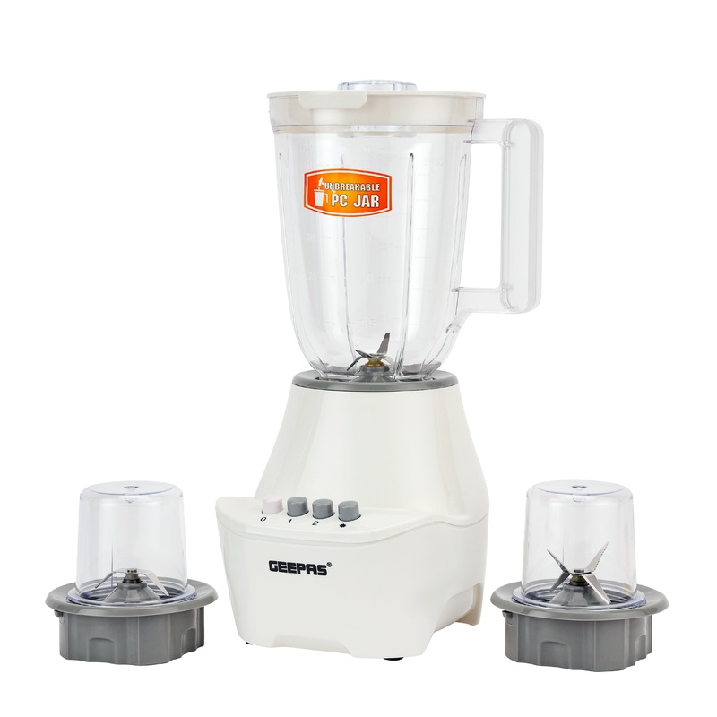 Geepas 400W 3 in 1 Blender GSB6104 - 1.5L Unbreakable Jar, 2 Sharp Stainless-Steel Blades with 2 Speed & Pulse | 2Pc Small Mill, Coffee/Spice Grinder Included