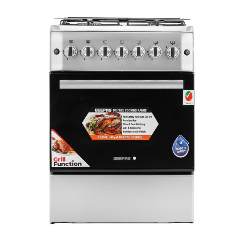 Geepas 60*60 Cm Cooking Range - 4 Gas Burners Convection Single Oven, Heavy Duty Metal Knobs Oven/Grill Function Glass Lid | Perfect for Cook, Bake & Grill