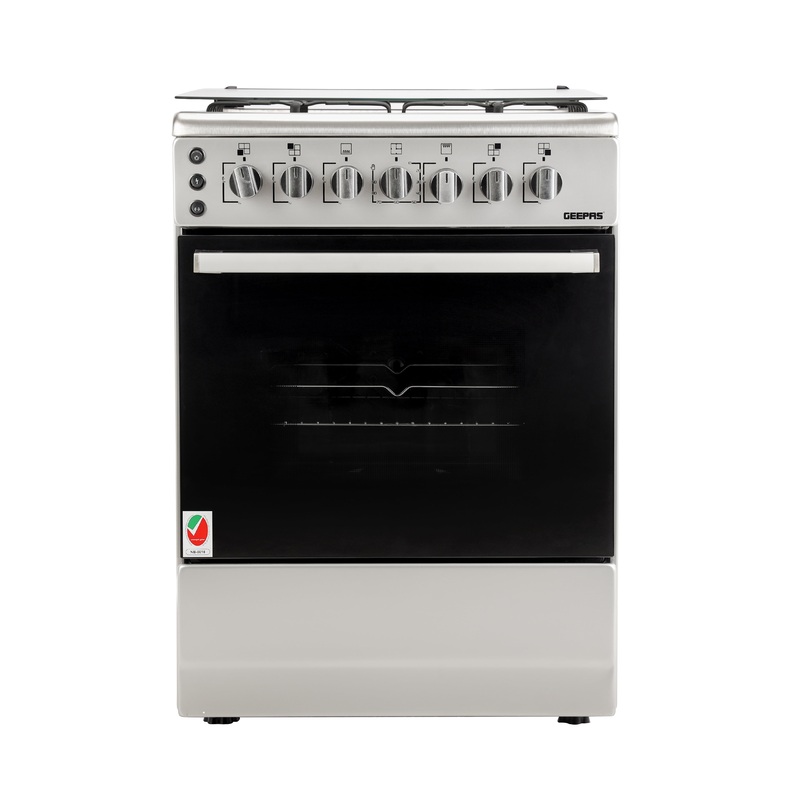 Geepas 60x60 Free Standing Cooking Range-GCR6059 /with Rotisserie Function, Stainless Steel Housing, 4 Gas Burners, Auto Ignition /Perfect for Cook Bake and Grill Function