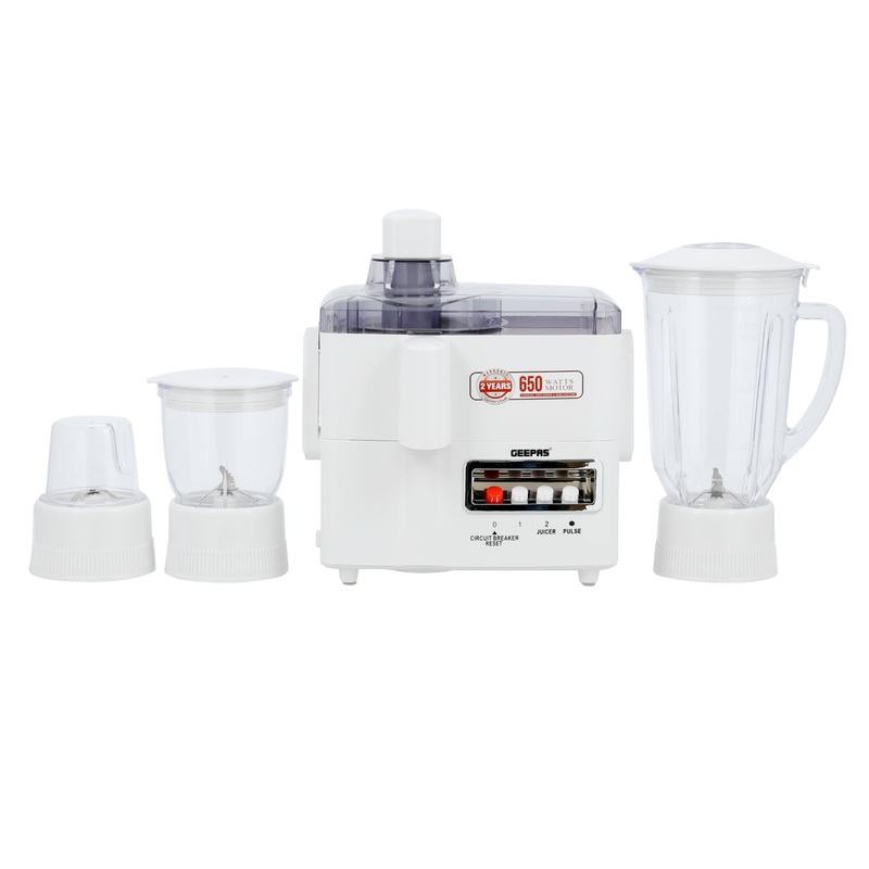 Geepas 650W 4-in-1 Food Processor- GSB6147| Transparent Plastic Jar with Stainless Steel Blades for Blending, Mincing and Milling Function| Overheat and Overload Protection