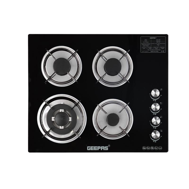 Geepas 8mm Tempered 4 Burner Glass Gas Hob-GK4410/ Sleek Design, Automatic Ignition, Low Gas Consumption / Heavy-Duty, Long-lasting, Black Color, 2 Years Warranty.