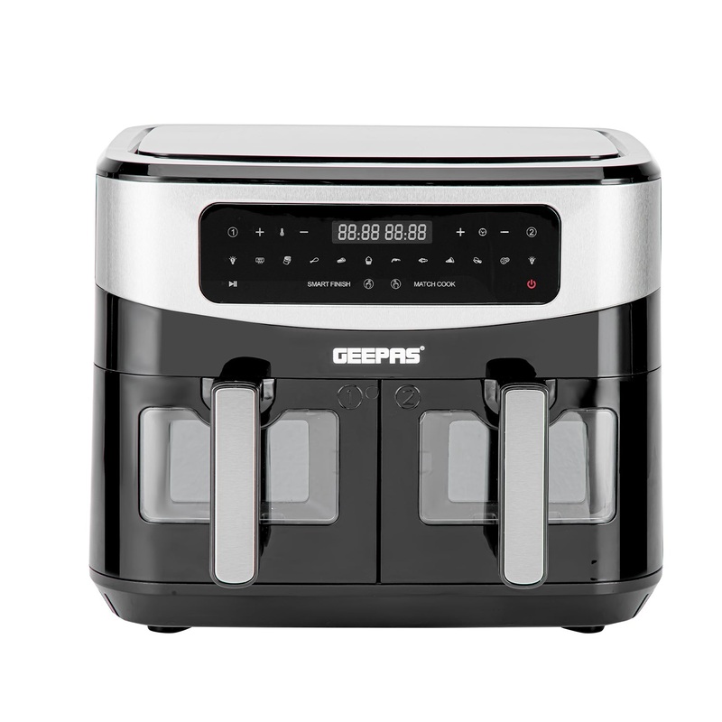 Geepas 9 L Dual Basket Digital Air Fryer- GAF37525UK| Equipped with VORTEX Air Frying Technology, Oil Free Cooking| LED Display with Touch Screen, 10 Preset Cooking Modes