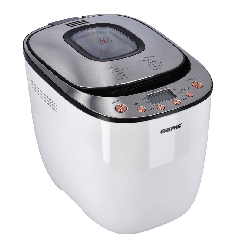Geepas Automatic Bread Maker, 550W  Gluten Free Menu Bread Maker Machine, 2LB, 12 Preset Functions Fast-Bake Bread maker  13 Hour Delay Function, 60 Mins Keep warm Function  2 Year Warranty, White
