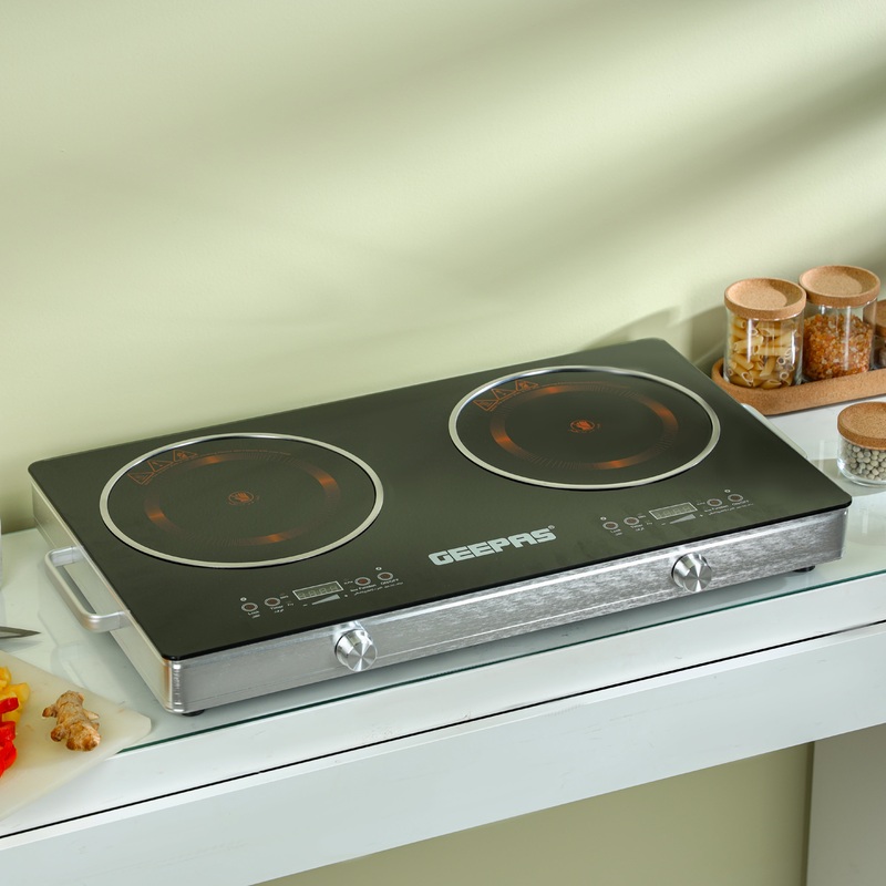 Geepas Digital Infrared Cooker- GIC6131/ Double Cooking Hob, 3600-Watt (1800+1800) Infrared Burners with Adjustable Temperature, Energy Saving/ Sensor Touch Control Pad