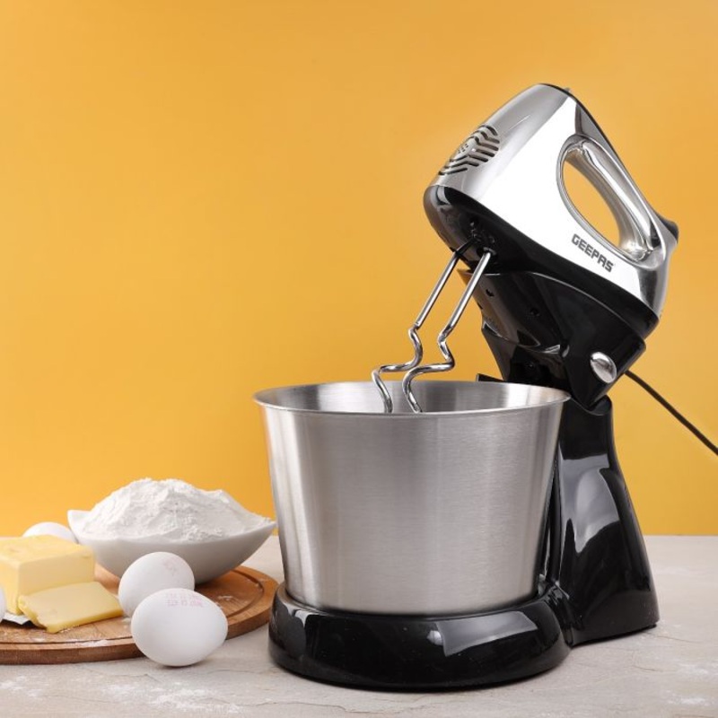 Geepas GHM5461 200W 2.5L Stand Mixer - Stainless Steel Mixing Bowl for Bread & Dough | 5 Speed Control, Eject Button, Turbo Function| 2 Year Warranty