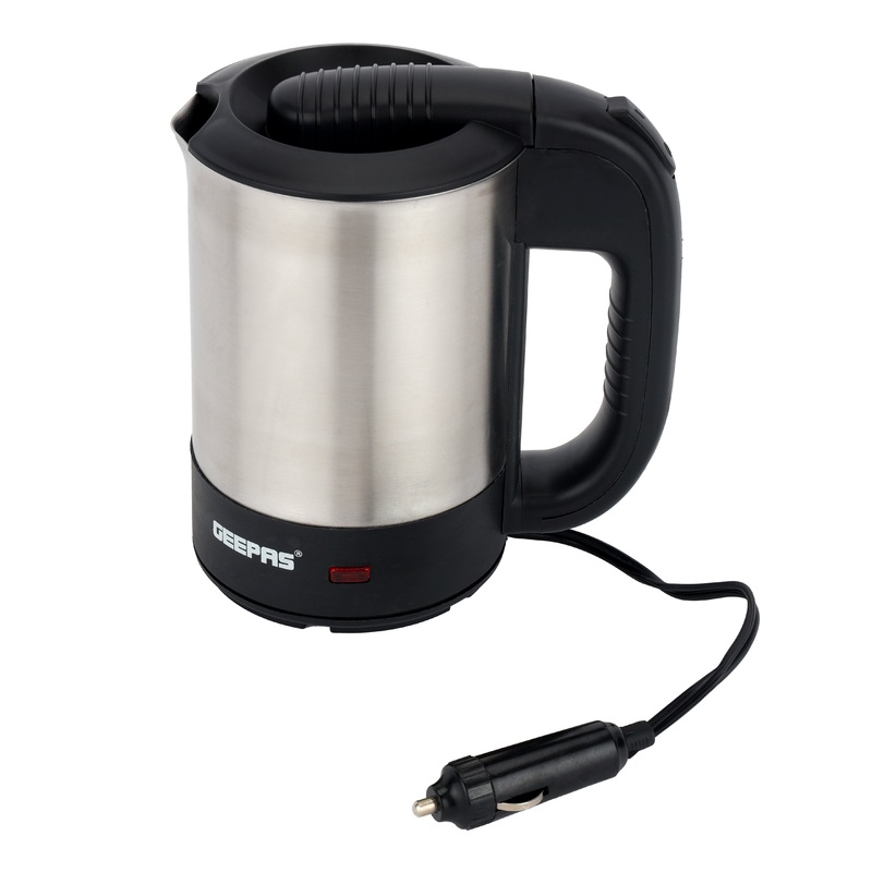 Geepas GK38041 12V Car Kettle - 500ML, Water Heater for Caravans -  Stainless-Steel Electric Car Kettle with Cigarette Lighter Charger | Quick Hot Water, Coffee, Tea