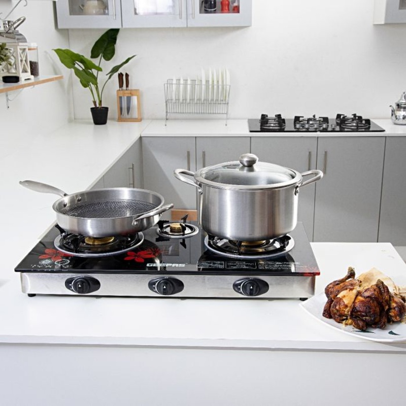 Geepas GK6759 Gas Hob/Stove - Attractive Design, Gas Range 3-Burner Stove Cooktop, Auto Ignition, Outdoor Grill, | 8mm Glass Top | Fuel Efficient Brass Burners