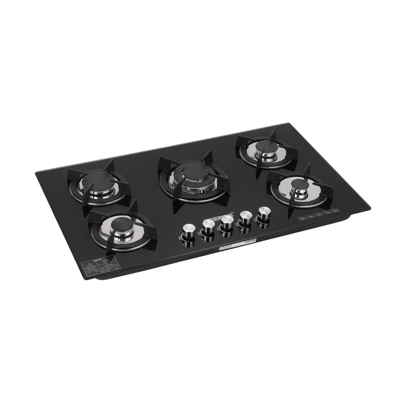 Geepas Glass Gas Hob-GGC31011 / 5 Burner Glass Stove, Cast Iron Pan Support, Auto Ignition, Metal Knob / comes with Stylish Design and High Efficiency