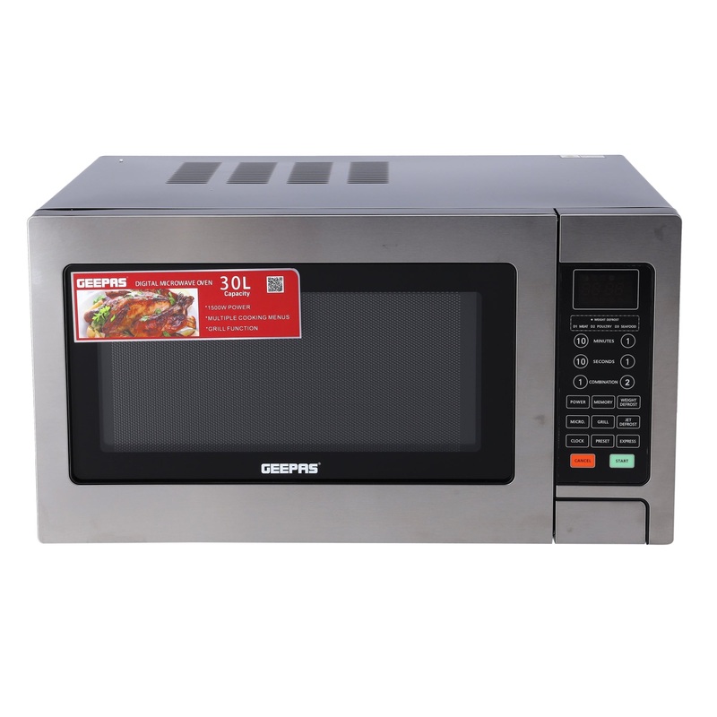 Geepas GMO1897 Grill - Digital Microwave Oven - 30L capacity - 1500W Oven with Multiple Cooking Menus |Reheating, Defrost & Grill |Ideal Grilling, Roasting, Heating & More