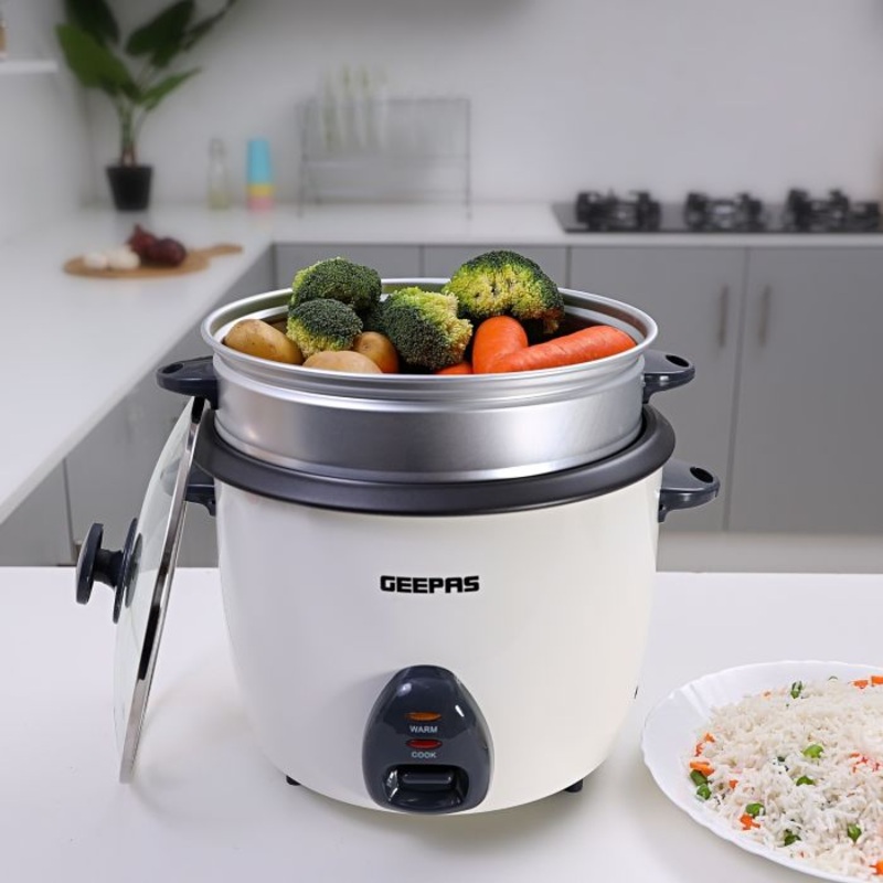 Geepas GRC4325 1L Electric Rice Cooker  -Cook/Warm/Steam, High-Temperature Protection - Make Rice & Steam Healthy Food & Vegetables | 2 Year Warranty
