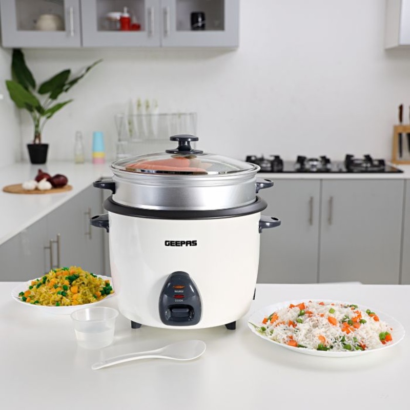 Geepas GRC4326 2.2L Electric Rice Cooker  -Cook/Warm/Steam, High-Temperature Protection - Make Rice & Steam Healthy Food & Vegetables | 2 Year Warranty