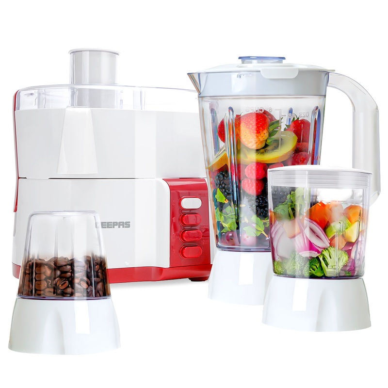 Geepas GSB9890 4-in-1 Food Processor -  Blender Juicer, 2-Speed with Pulse Function | 600W |Juicer, Blender, Mixture & Coffee Mill Included | 2 Years Warranty