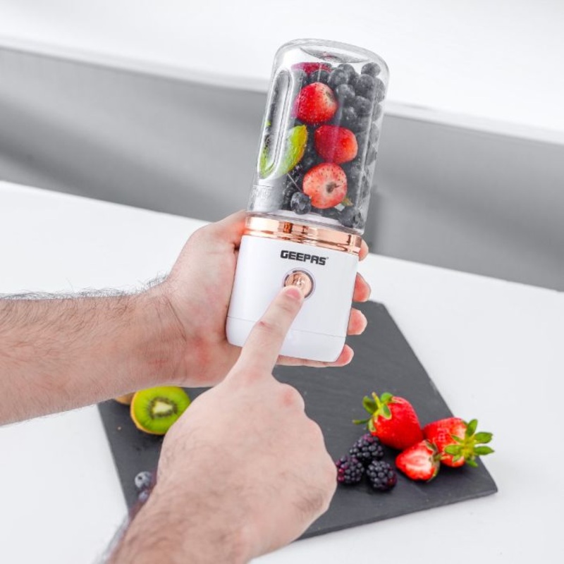 Geepas Rechargeable Portable Blender- GSB44058/ 420 ml Capacity, Juicing Machine for Orange, Lemon, Grapefruit, Shakes, Smoothies, etc, White, 2 Years Warranty