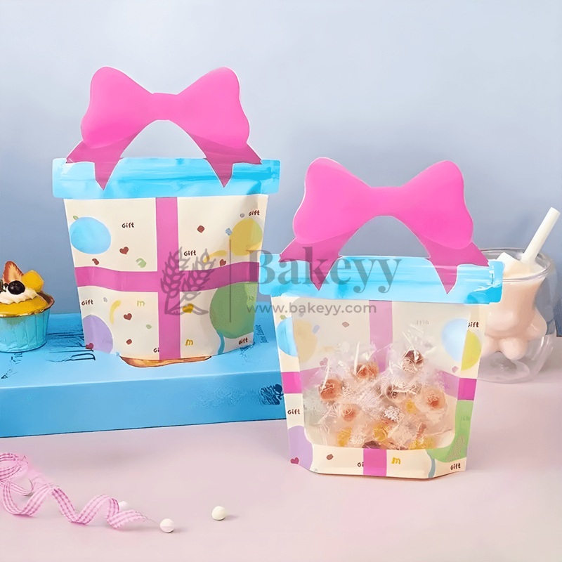Gift Box Shape Treat Storage Bags with Bow | Fancy Zip Lock Pouches | Pack of 50