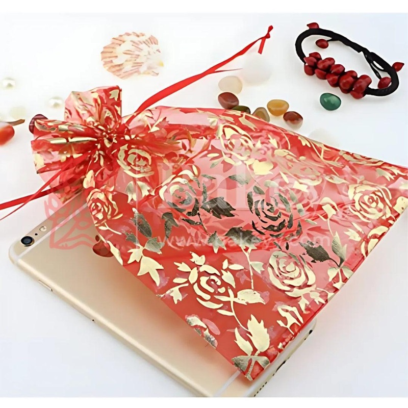 10x14 CM | Printed Organza Potli Bags | Red Colour | Candy Bag |Pack of 70