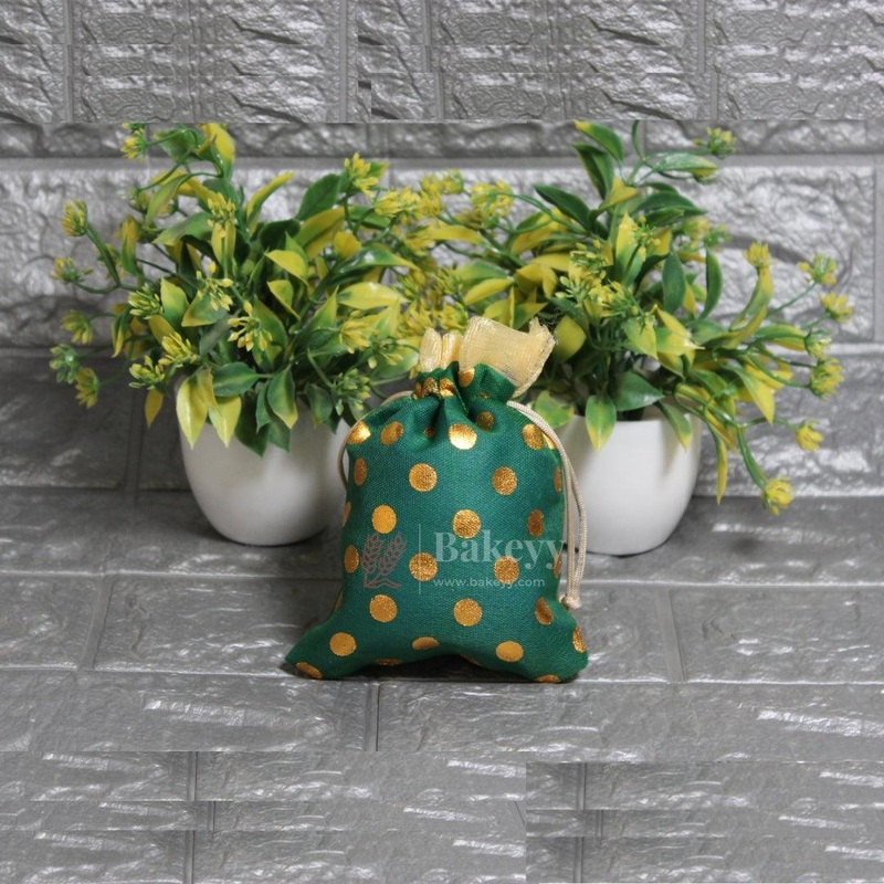 13x10cm| Green Cotton Silk Potli Bag | Perfect for Gifting - Jewellery, Small Items| Pack of 25