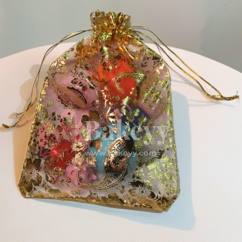 13x18 cm | Printed Organza Potli Bags | Gold Colour with Flower Design | Candy Bag |Pack of 70
