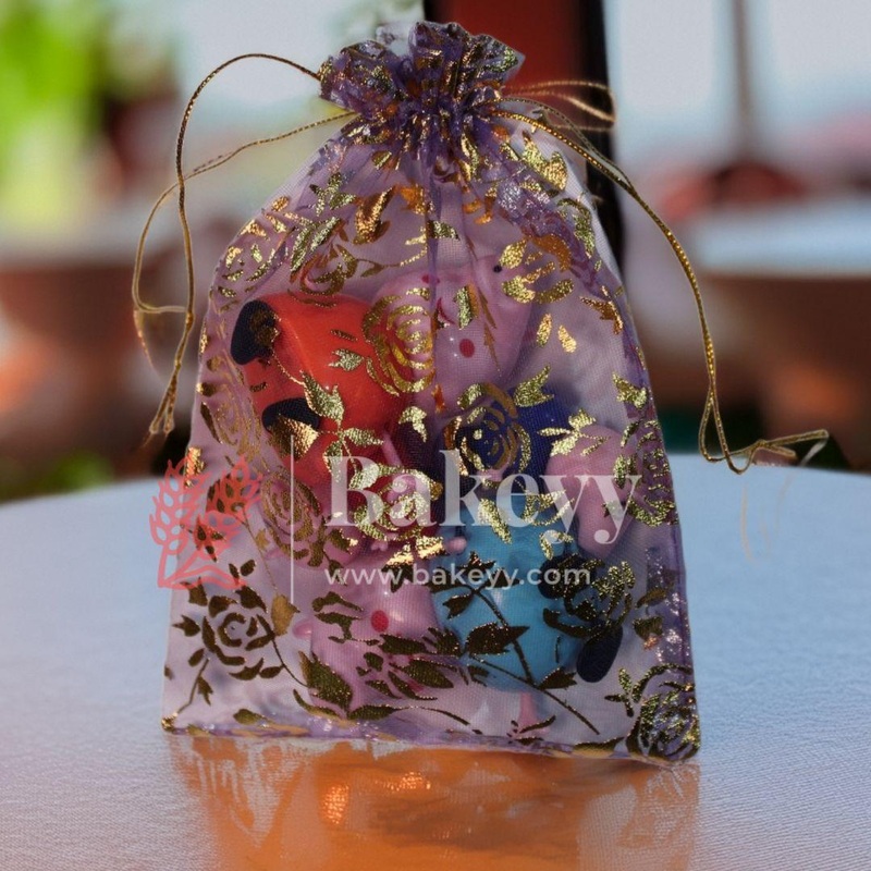 13x18 cm | Printed Organza Potli Bags | Light Purple Colour with Flower Design | CandyBag| Packof70