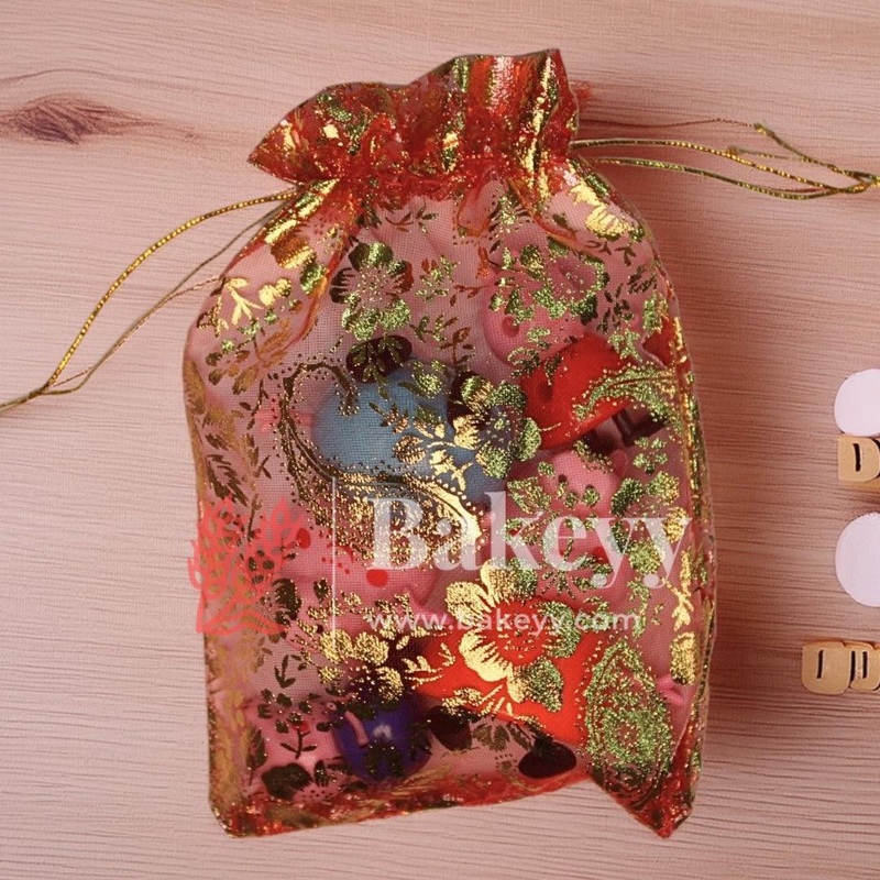 13x18 cm | Printed Organza Potli Bags | Red Colour with Flower Design | CandyBag| Packof70