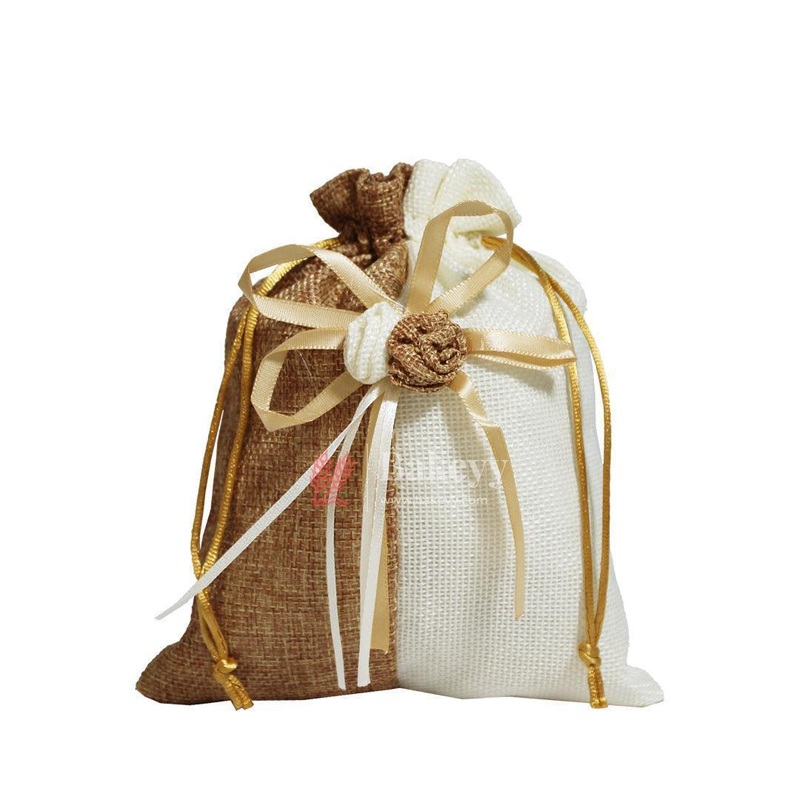 15x20cm| Brown & Cream Jute Potli Bag with Floral Accent | Traditional Potli Bag | Wedding Favor Bag | Jewelry Pouch | Floral Accent Gift Bag | Pack of 10