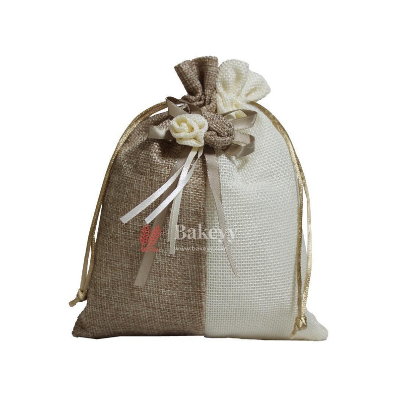 15x20cm| Natural & Cream Jute Potli Bag with Floral Accent | Traditional Potli Bag | Wedding Favor Bag | Jewelry Pouch | Floral Accent Gift Bag | Pack of 10