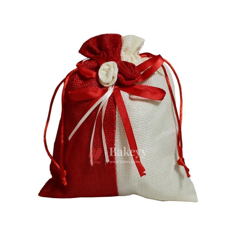 15x20cm| Red & Cream Jute Potli Bag with Floral Accent | Traditional Potli Bag | Wedding Favor Bag | Jewelry Pouch | Floral Accent Gift Bag | Pack of 10