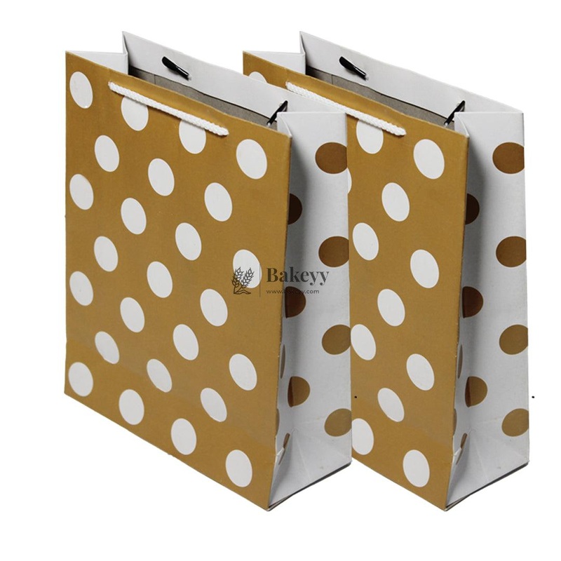 22x18x7 cm | Paper Bag Gold with white  Polka dots  | Pack of 10