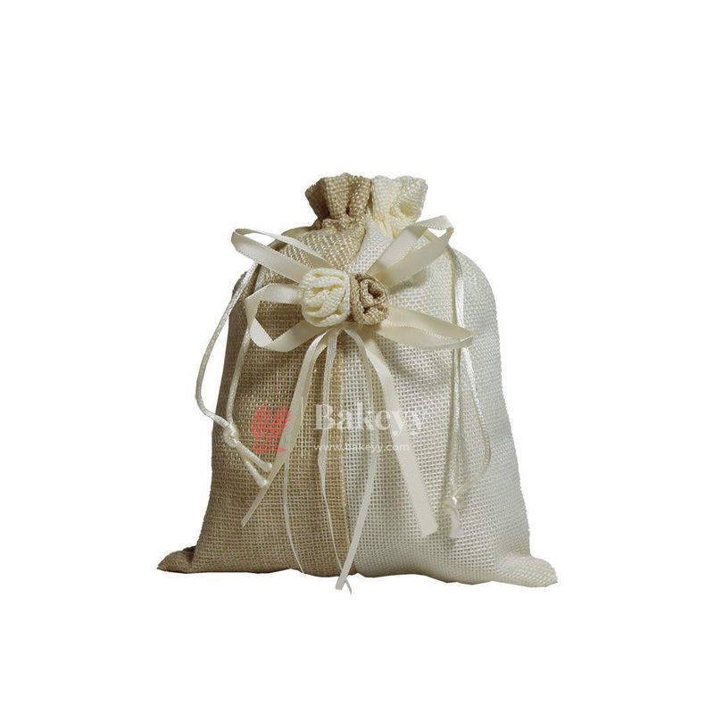 23x30cm| Beige & Cream Jute Potli Bag with Floral Accent | Traditional Potli Bag | Wedding Favor Bag | Jewelry Pouch | Floral Accent Gift Bag | Pack of 10