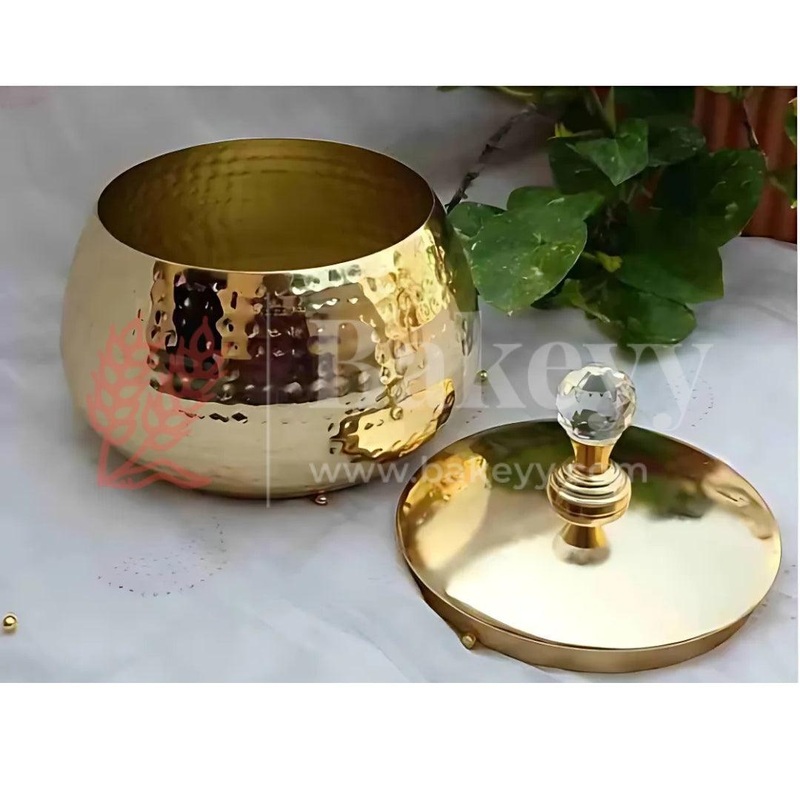 7 Inch| Hammered Brass Storage Pot with Crystal Knob Lid| Brass Base and Lid| Perfect for Gifting-Dry Fruits, Cookies, Chocolates| 1 Piece