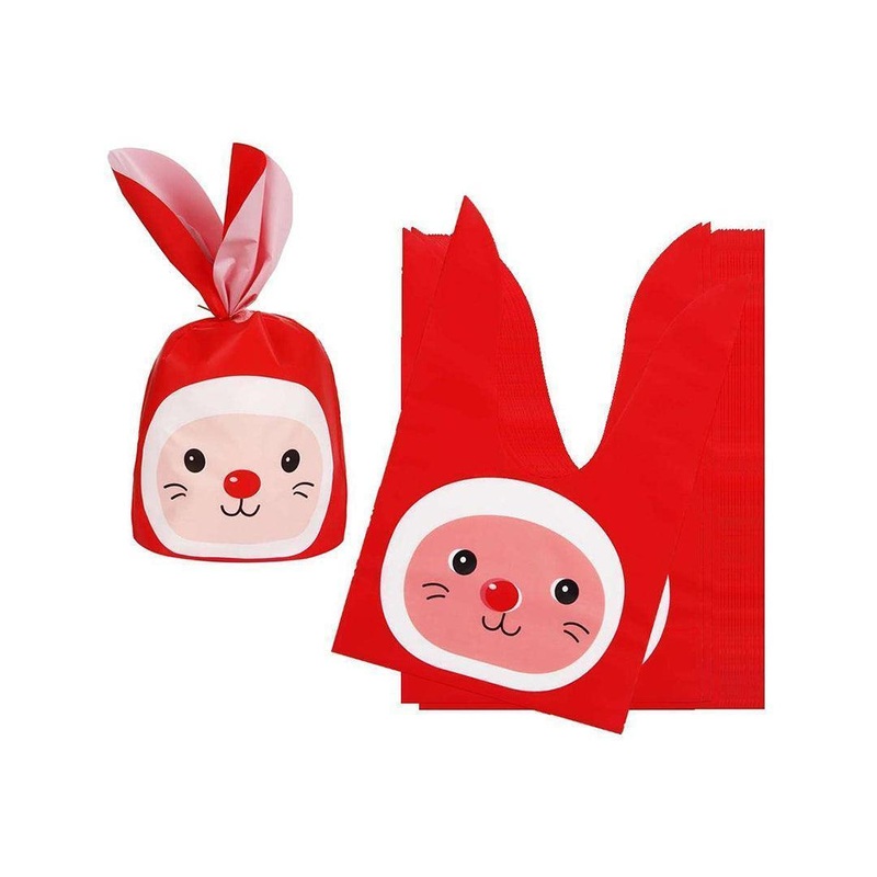 Extra Large | Rabbit Ear Candy Gift Bags | Red | Cute Plastic Bags | Bunny Party Favors | Pack of 50