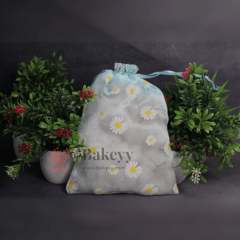 16x20 CM | Floral Designs Organza Potli Bags | Sky Blue Color | Candy Bag | Pack of 50