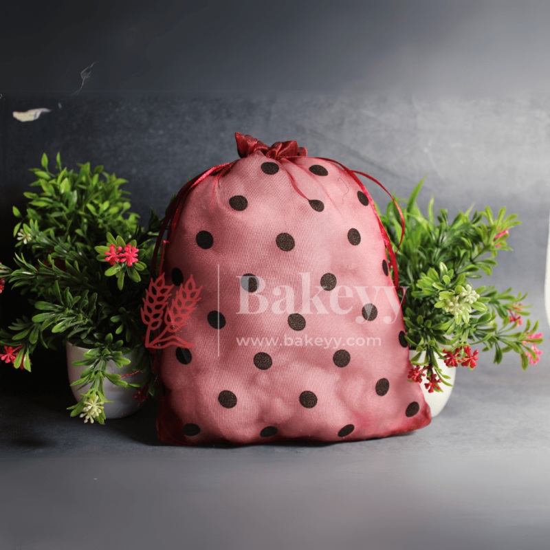 20x25 CM | Floral Design Organza Potli Bags | Maroon Color | Candy Bag | Pack 0f 50
