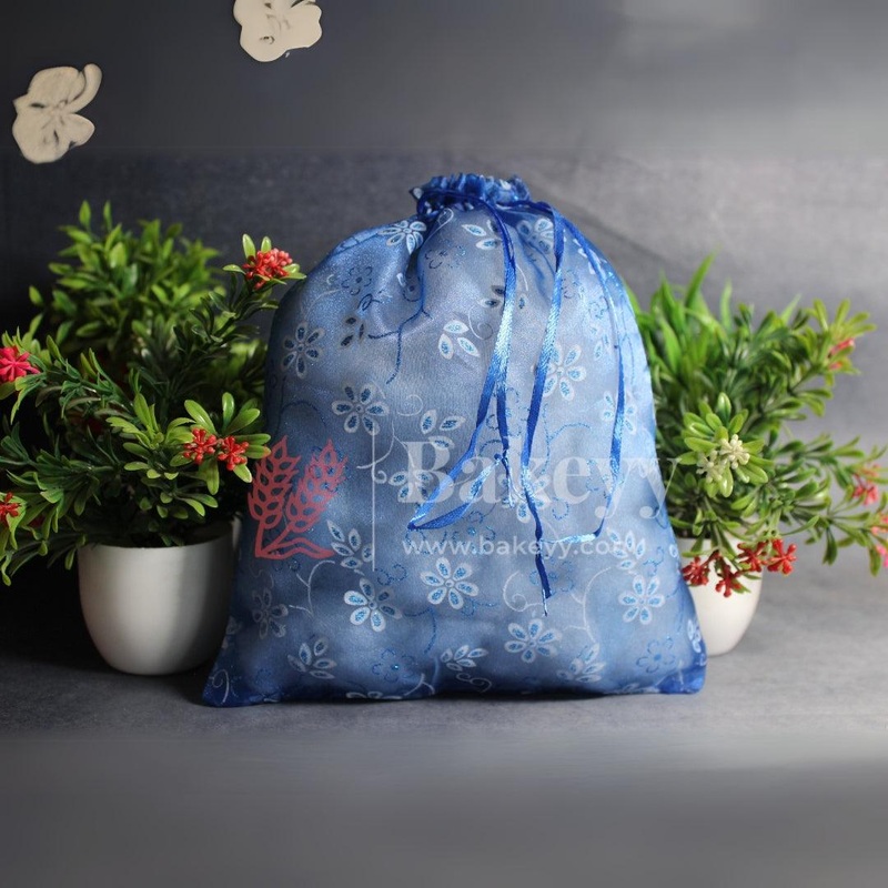 20x25 CM | Floral Designs Organza Potli Bags | Pack of 100 | Blue Color | Candy Bag