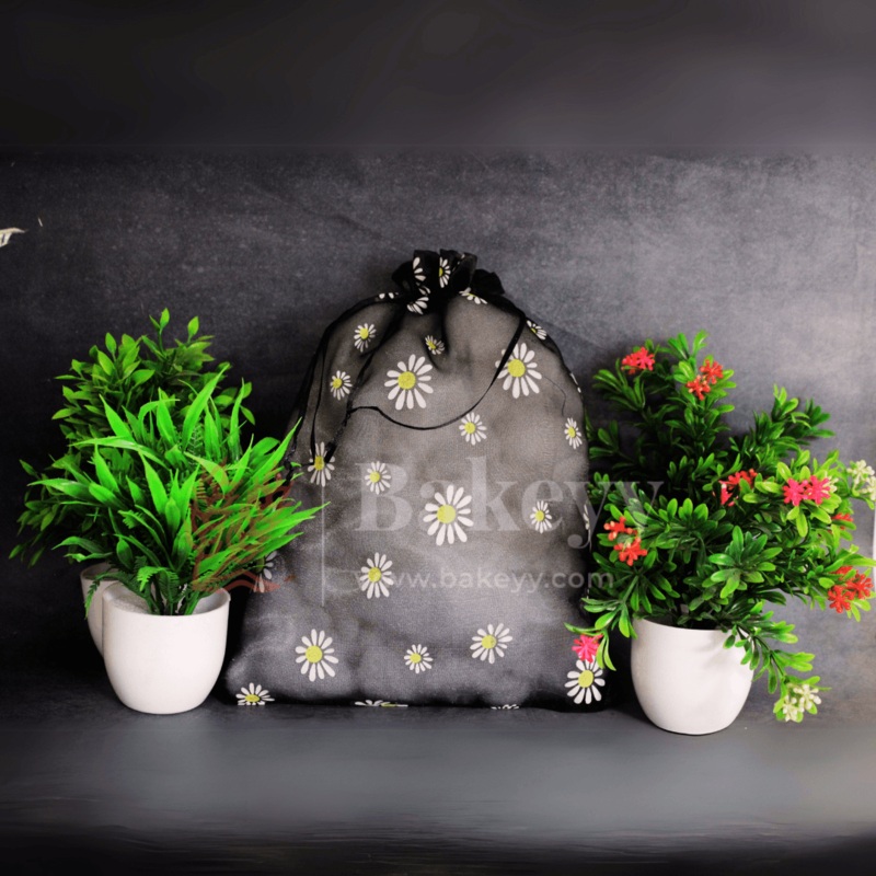 22x31 CM | Floral Designs Organza Potli Bags | Pack of 50 |  Black Color | Candy Bag
