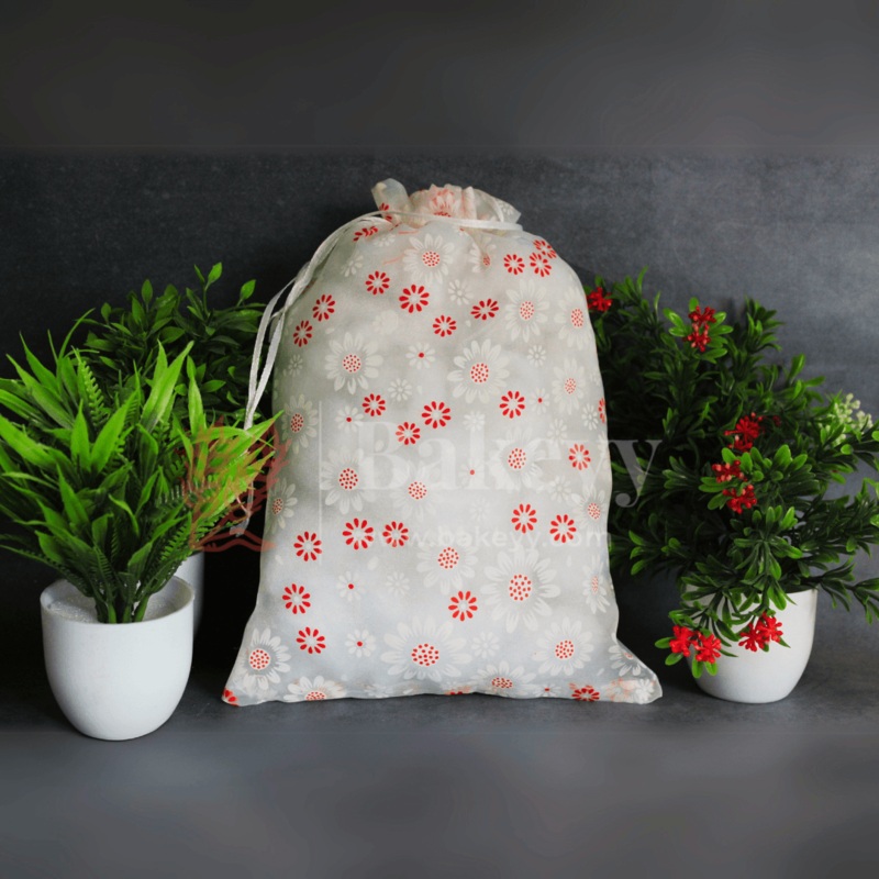 22x31 CM | Floral Designs Organza Potli Bags | Pack of 50 |  White Color | Candy Bag
