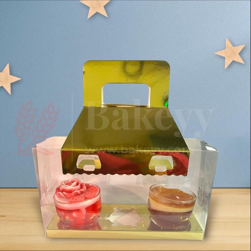 3-Cavity Transparent Cupcake Box with Golden Handle | mini hamper box | cupcake gift packaging | plastic cupcake carrier | Pack of 10