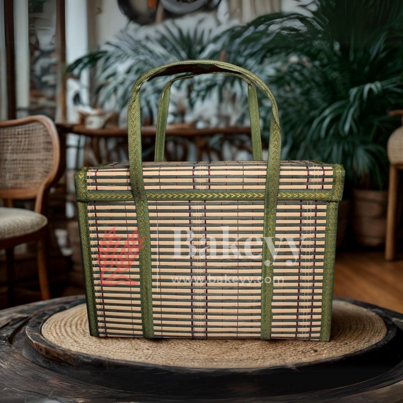 36 x 15 x 25 Cm | Green Wooden baskets | Premium Woven Storage Basket with Handles | handmade wicker basket | 1 Piece